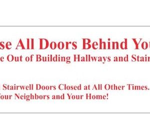 "In A Fire, Close Door" Local Law 115 Sign 12"W x 3"H