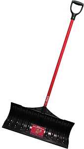 BULLY Tools 92813 Snow Pusher, 27 in W Blade, Plastic Blade, Fiberglass Handle, D-Shaped Handle, 47 in L Handle