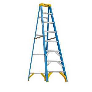 WERNER 6008 Step Ladder, 12 ft Max Reach H, 7-Step, 250 lb, Type I Duty Rating, 3 in D Step, Fiberglass, Blue