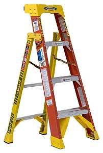 WERNER L6200 Series L6204 Leaning Ladder, 7 ft 3 in, 8 ft 4 in Max Reach H, 4-Step, 300 lb, Fiberglass, Orange/Yellow